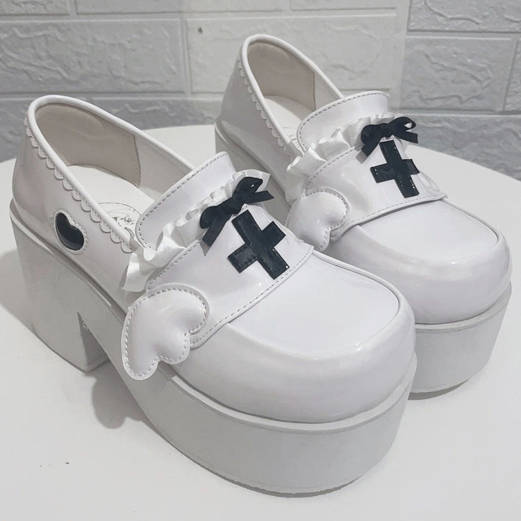 Medical Series Bowknot Ribbon Ruffled Round Toe Sweet Lolita Platform Shoes 4 Colors - Black/White - 5
