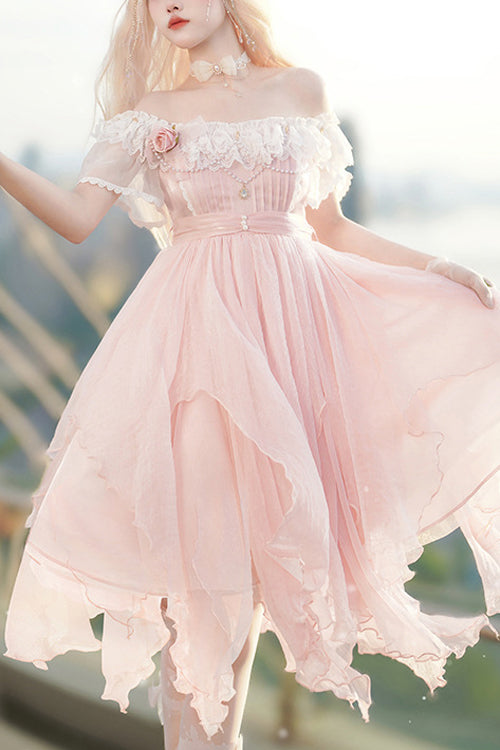 Pink Square Neck Boat Neck Versatile Lace Short Sleeves Irregular Petal Hem Sweet Lolita Dress - Pink - 1