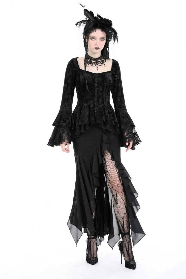 Black Women's Gothic Side Slit Ruffled Slim Fit Fishtail Skirt - Product - 6