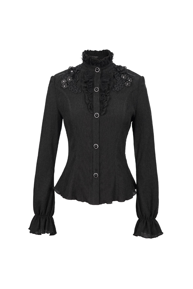Black Lace High Neck Three Dimensional Embroidered Lantern Trumpet Sleeves Women's Gothic Shirt - Product - 6