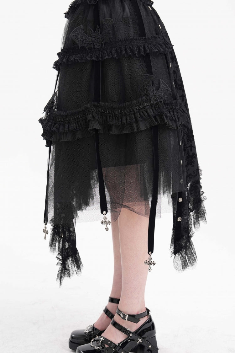 Black Jacquard Cut-Out Lace Asymmetric Pleated Women's Gothic Luxurious Skirt - Product - 7