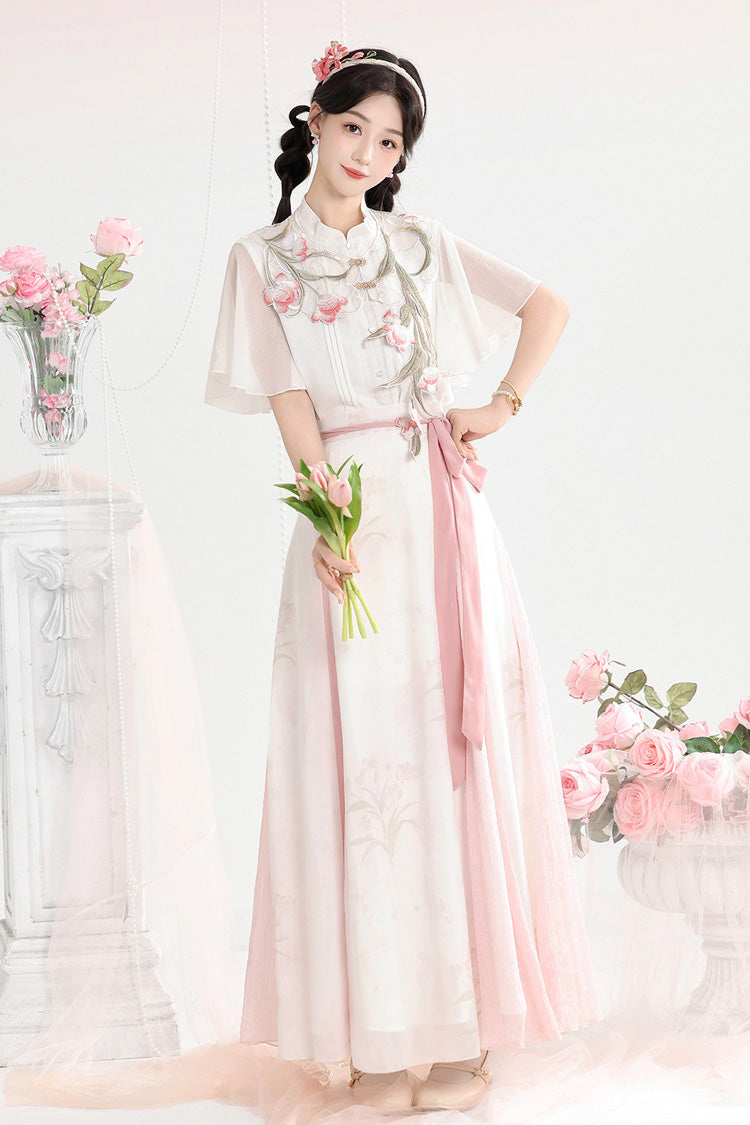 White/Pink [Tulip] Round Collar Short Sleeves High Waisted Printed Women's Sweet Hanfu Set - Product - 2