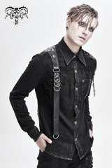 Black Asymmetric Left Shoulder Loop Mesh Rivet Snap Button Men's Punk Shirt - Product - 2