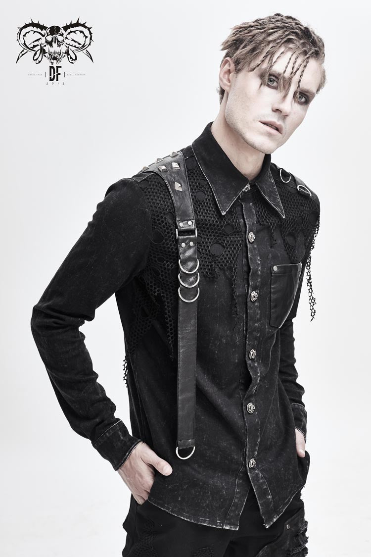 Black Asymmetric Left Shoulder Loop Mesh Rivet Snap Button Men's Punk Shirt - Product - 2