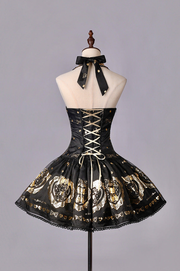 Black/Gold [Sugar Bear] Jacquard Ruffled Bow Lace Sweet Classic Lolita Dress 2 Versions - Product - 13
