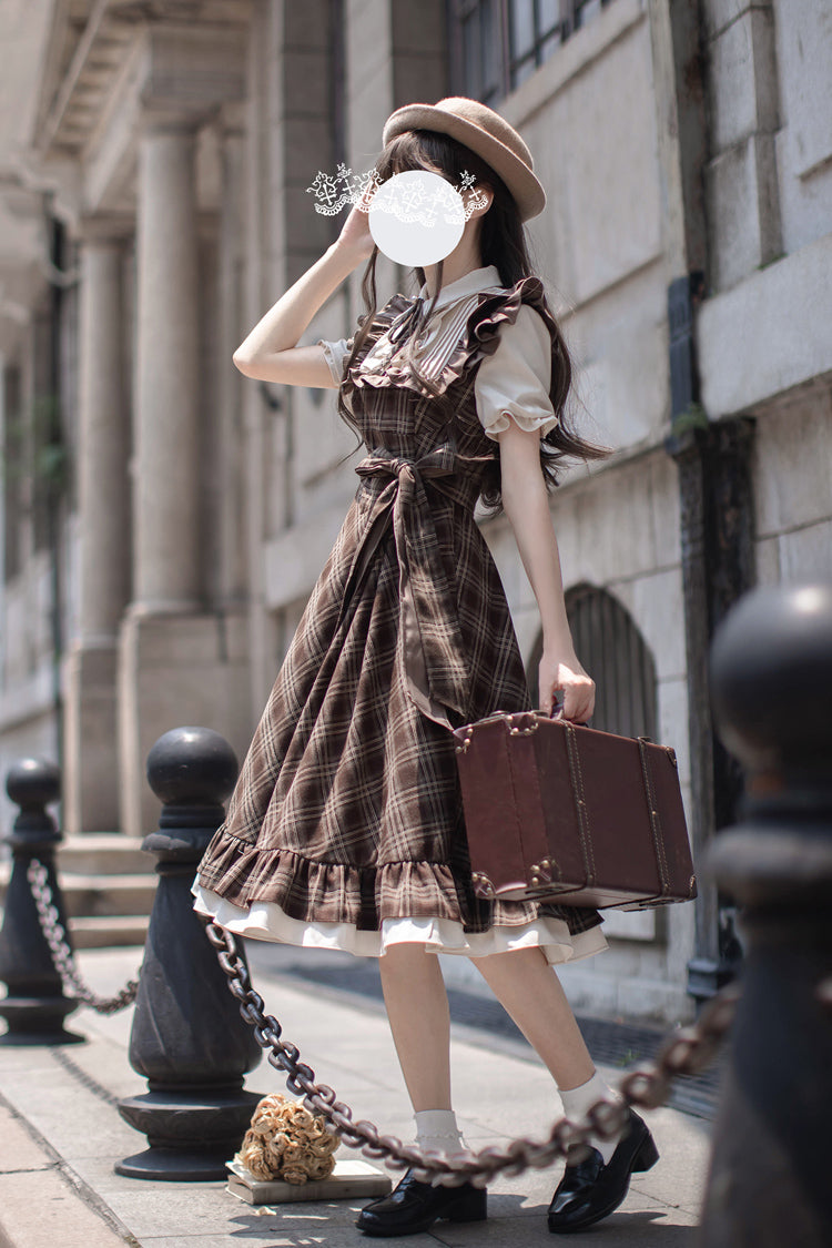 Brown [The Thames at Dusk] Print Short Sleeves Ruffle Bowknot Fake Two Pieces Vintage Lolita Dress - Product - 2
