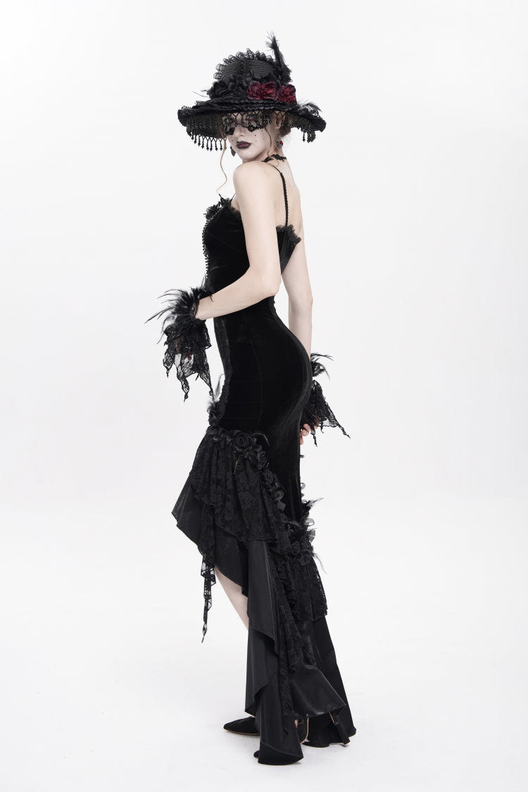 Black Sleeveless Cross Ruffled Floral Embroidered Chain-Decorated Women's Gothic Long Slip Dress - Product - 10