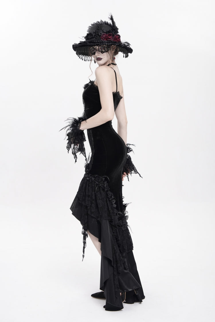 Black Sleeveless Cross Ruffled Floral Embroidered Chain-Decorated Women's Gothic Long Slip Dress - Product - 10