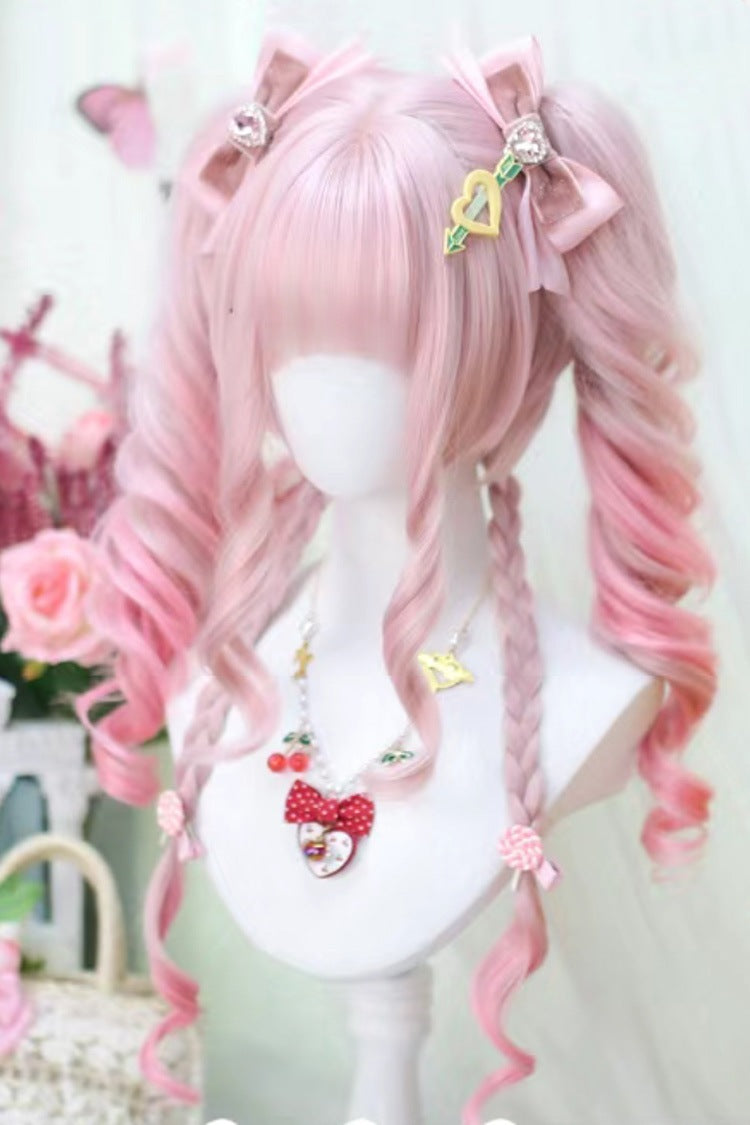 Cream Pink Ombre Roman Curl Twintails Sweet Lolita Wig Set detail view 2