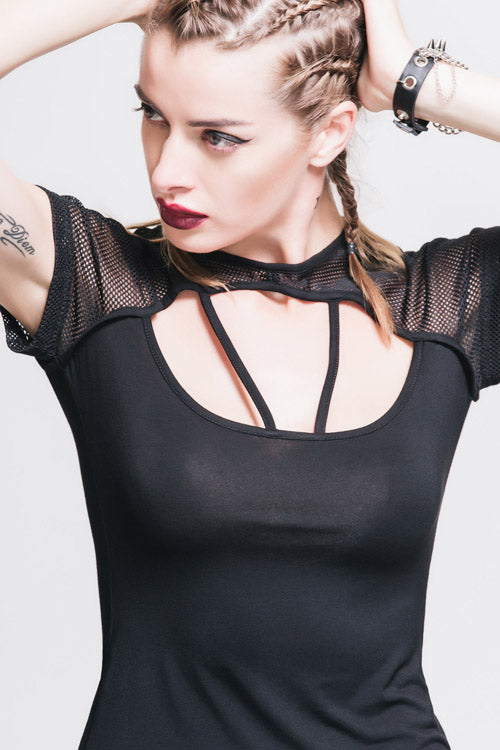 Black Hollow Out Short Sleeves Mesh Shawl Lace Up Women Punk T-Shirt - Product - 8