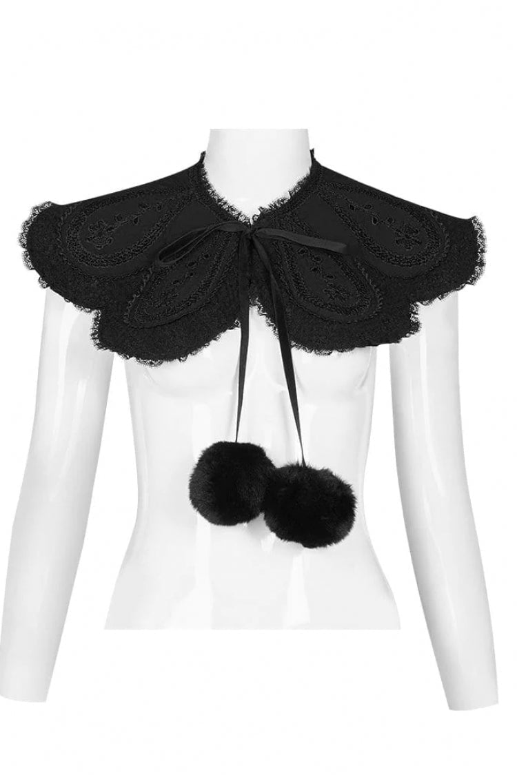 Black Fur Collar Fur Ball Decoration Long Sleeves Rose Button Womens Gothic Coat With Removable Collar - Product - 6