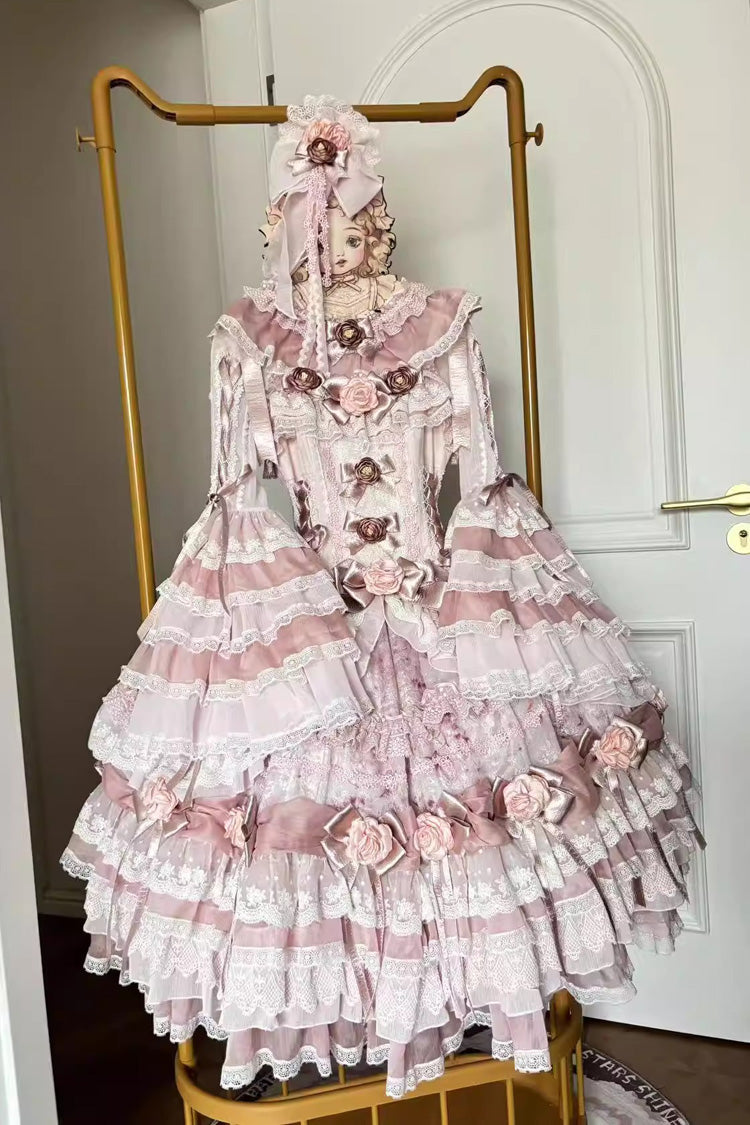 Pink [Rose Manor] Multi-Layered Ruffled Bow Lace Sweet Gorgeous Lolita Jsk Dress - Product - 5