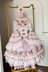 Pink [Rose Manor] Multi-Layered Ruffled Bow Lace Sweet Gorgeous Lolita Jsk Dress - Product - 5