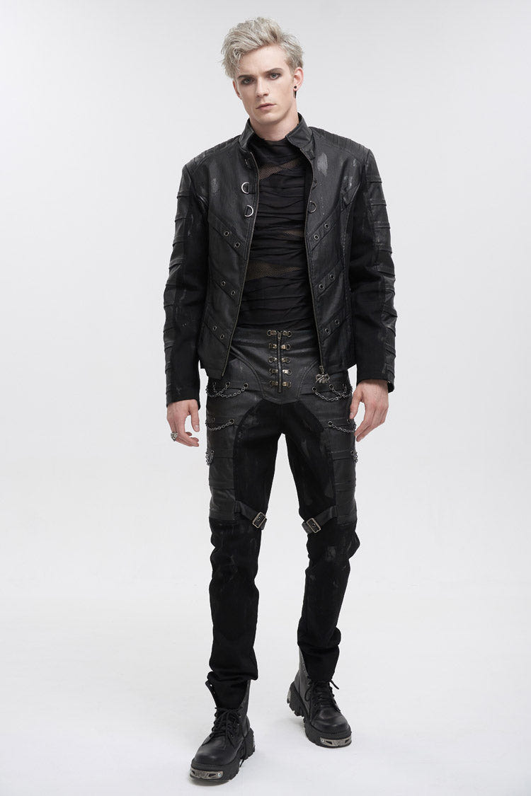 Black Slim Fit Zip Stud Side Chain Eyelet Rock Men's Gothic Trousers - Product - 4