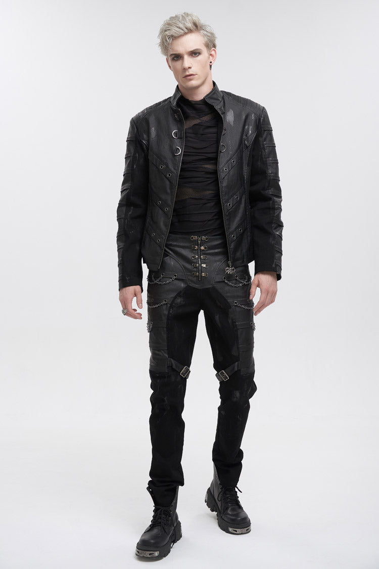 Black Slim Fit Zip Stud Side Chain Eyelet Rock Men's Gothic Trousers - Product - 4