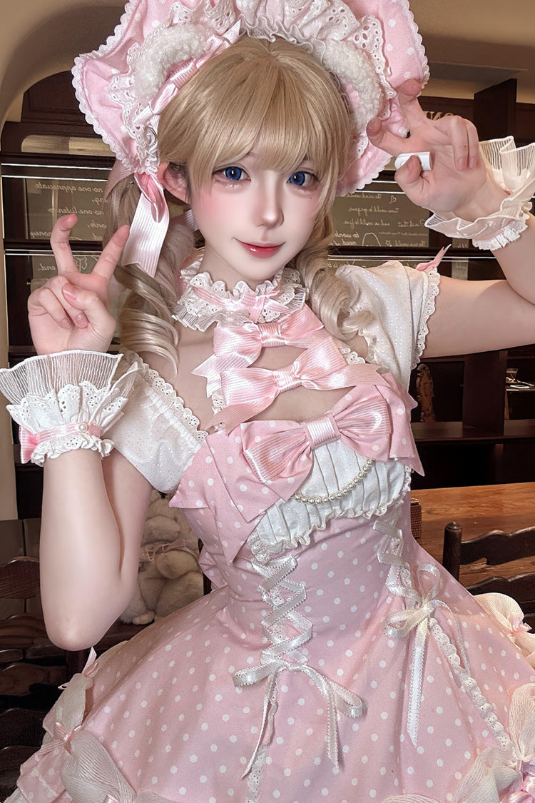 Pink Halterneck Short Sleeves Triple-Layered Polka Dot Printed Bow Lace-Up Sweet Lolita Dress - Product - 10