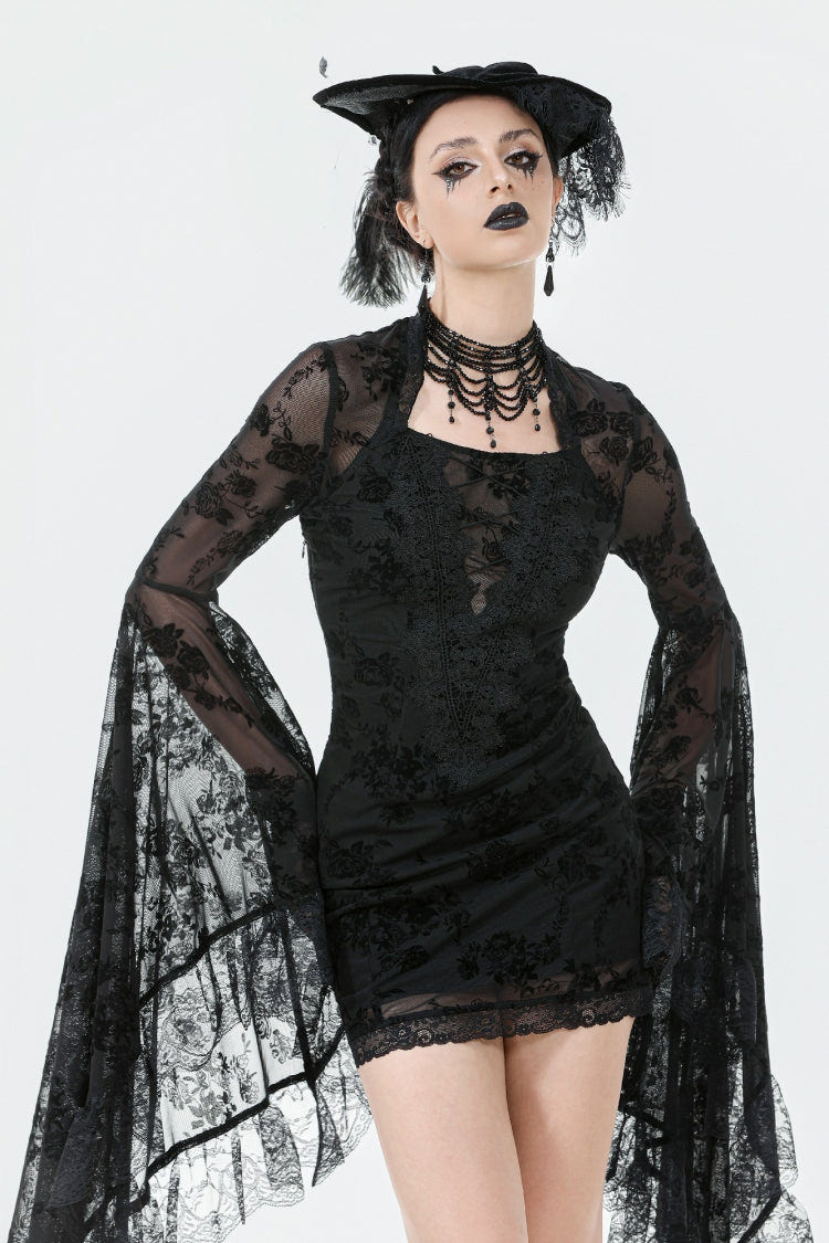 Black Square Collar Long Trumpet Sleeves Mesh Embroidered Lace Lace-Up Women's Gothic Dress - Black - 1