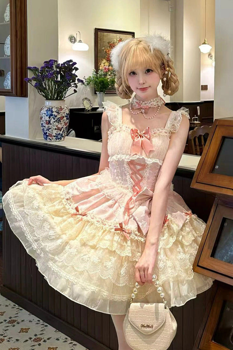 Pink [Rose Canticle] Sleeveless Multi-Layered Bowknot Lace Lace-Up Pearl Ballet Sweet Lolita Jsk Dress - Product - 9