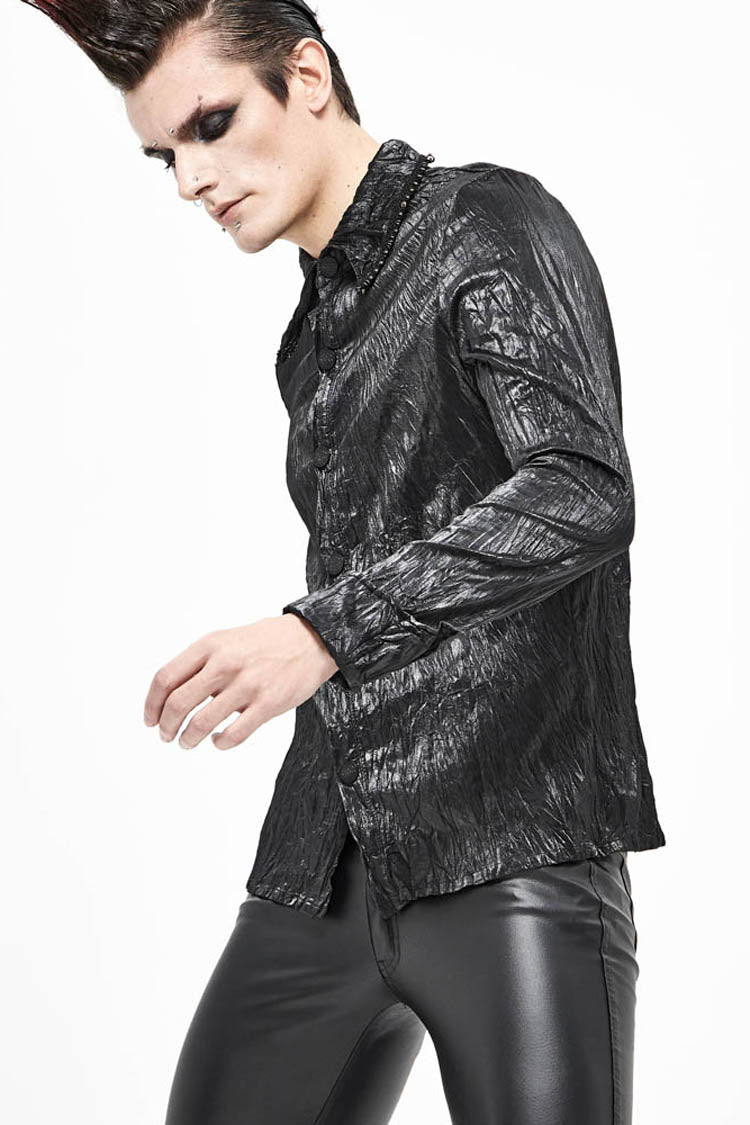 Black Twill Fold Collar Sharp Corner Cuff Light Metal Ring Webbing Men's Punk Shirt - Product - 5