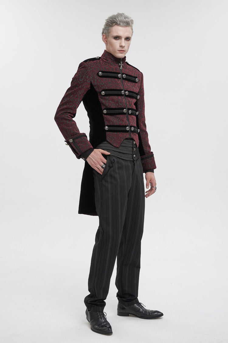 Red Silk Stand Collar Printed Metal Breasted Cross Zipper Back Slit Vintage Men's Gothic Jacket - Product - 4