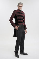 Red Silk Stand Collar Printed Metal Breasted Cross Zipper Back Slit Vintage Men's Gothic Jacket - Product - 4