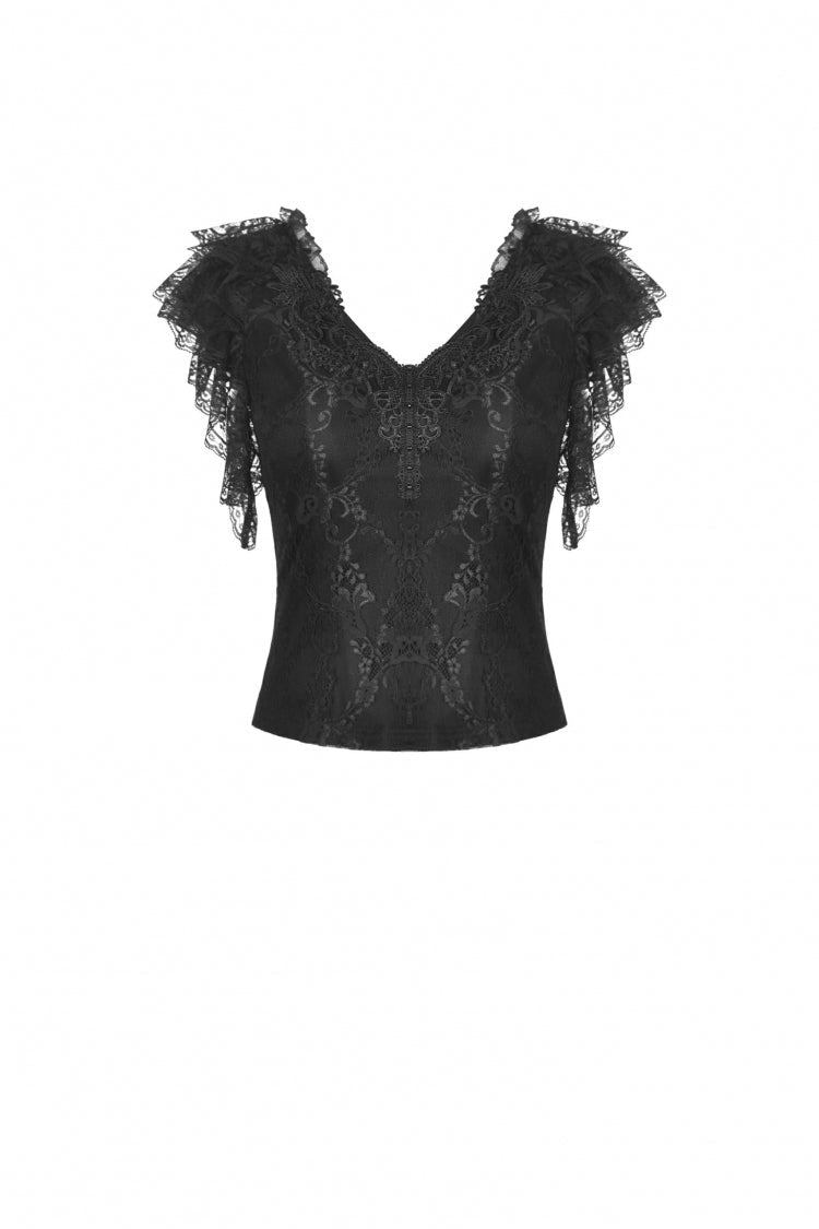 Black Plunging V Collar Short Sleeves Ruffled Lace Sexy Women's Gothic Crop Top - Product - 3