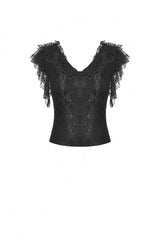 Black Plunging V Collar Short Sleeves Ruffled Lace Sexy Women's Gothic Crop Top - Product - 3