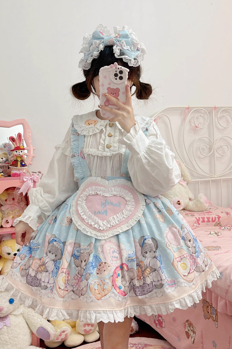 Blue Baked Bear Print Ruffle Sweet Lolita Skirt - Product - 3