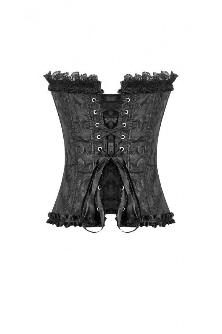 Black Jacquard Ruffled Lace Lace-Up Women's Gothic Overbust Corset - Product - 13