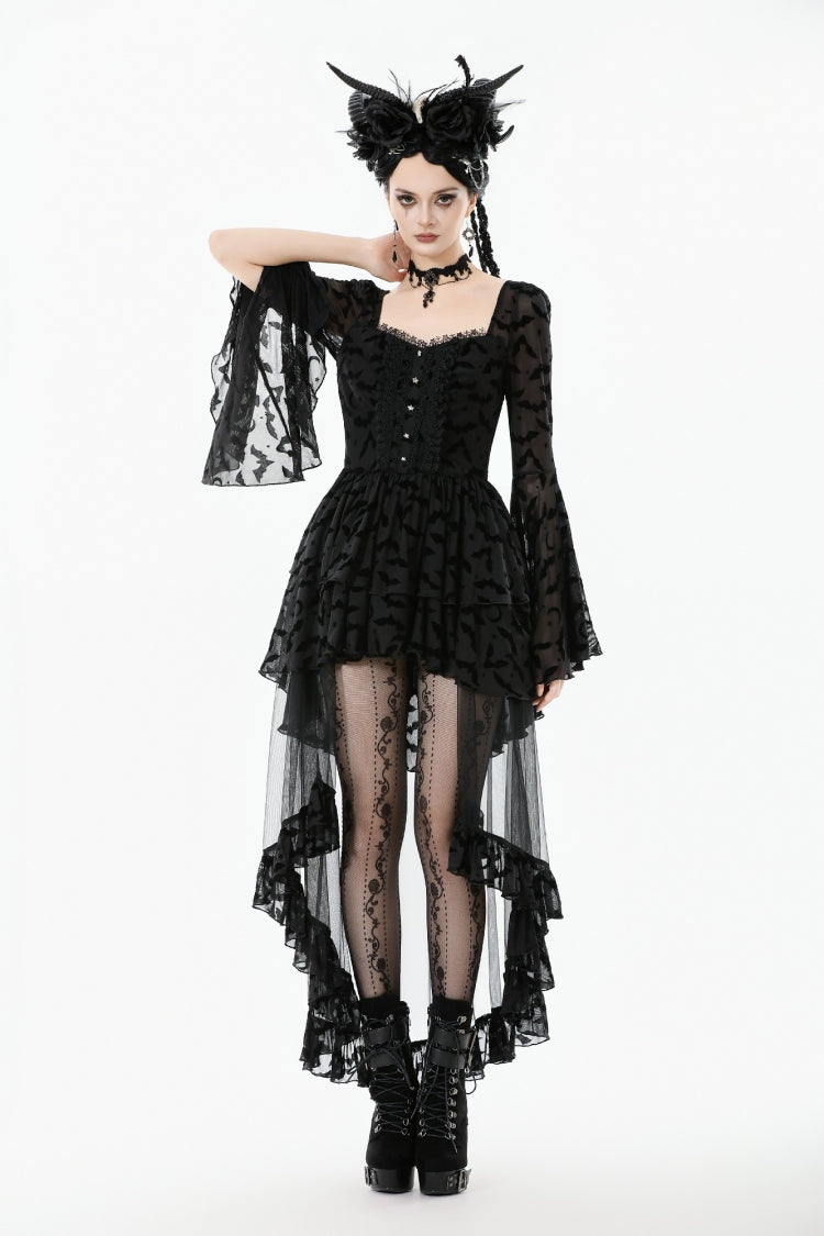Black Square Collar Long Trumpet Sleeves Bat Printed Lace Irregular Hem Women's Gothic Dress - Product - 10