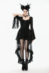 Black Square Collar Long Trumpet Sleeves Bat Printed Lace Irregular Hem Women's Gothic Dress - Product - 10
