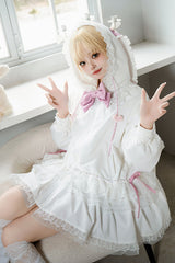 White Rabbit Ears Hooded Bowknot Lace Sweet Lolita Coat Set - Product - 7