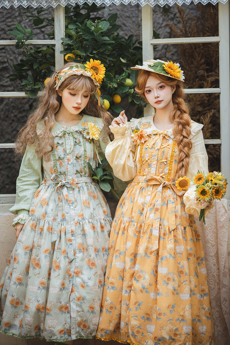 Green [Gardening Sunflower] Sleeveless Print Ruffle Bowknot Sweet Elegant Lolita Jsk Dress - Product - 7