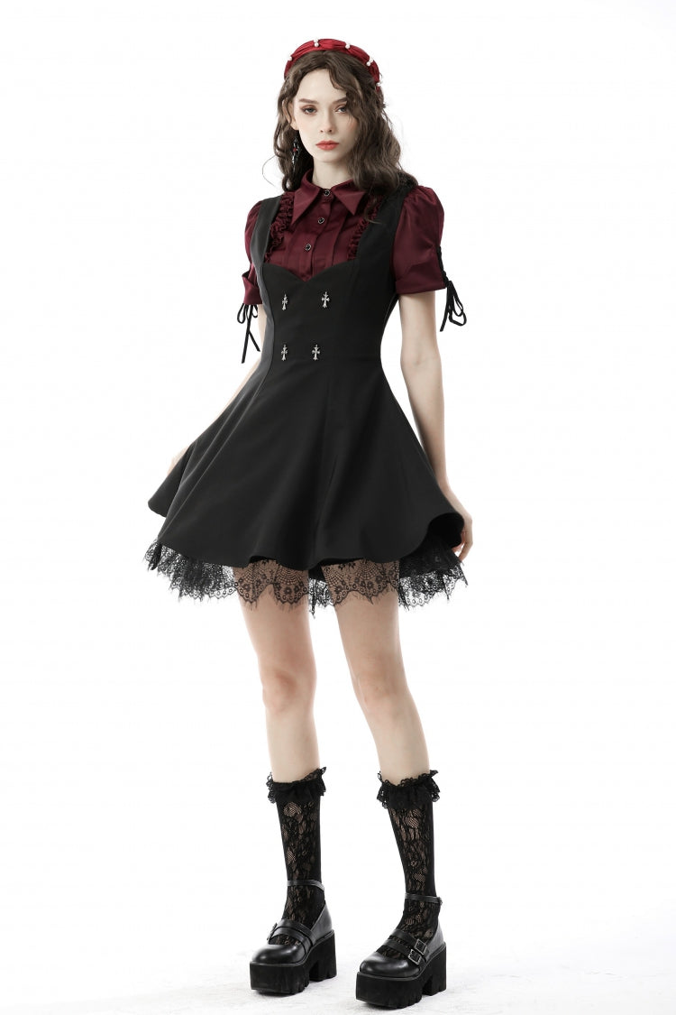 Wine Red Point Collar Short Puff Sleeves Ruffled Women's Gothic Elegant Blouse - Product - 7