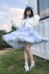 Blue First Love Triple-Layered Ruffle Bowknot Lace Sweet Lolita Jsk Dress - Blue - 1