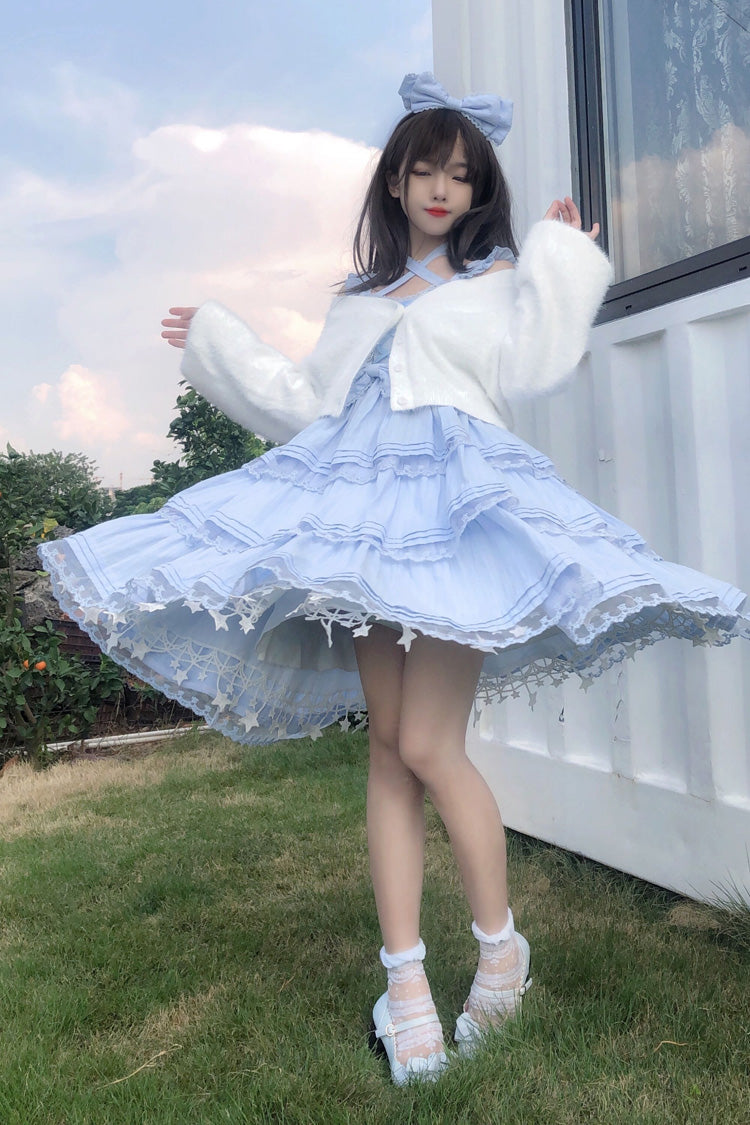 Blue First Love Triple-Layered Ruffle Bowknot Lace Sweet Lolita Jsk Dress - Blue - 1