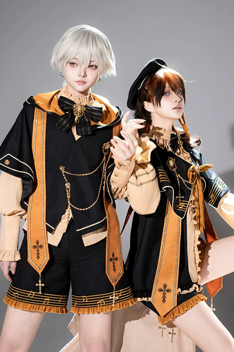 Black/Orange [The Choir Of The Church] Stand Collar Long Sleeves Bow Chain-Decorated Ouji Gothic Prince Lolita Pumpkin Shorts Set - Product - 7