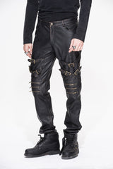 Bronze Multi Loops Zipper Metal Inlay Bandage Hand Rubbed Leather Men's Punk Pants - Product - 2
