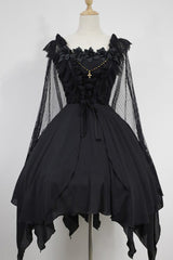 [Ballet of the Dead] Double-Layered Embroidery Lace-Up Gothic Lolita Jsk Dress (Cape Included) - Black - 1