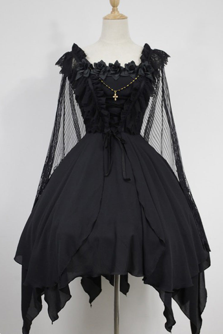 [Ballet of the Dead] Double-Layered Embroidery Lace-Up Gothic Lolita Jsk Dress (Cape Included) - Black - 1