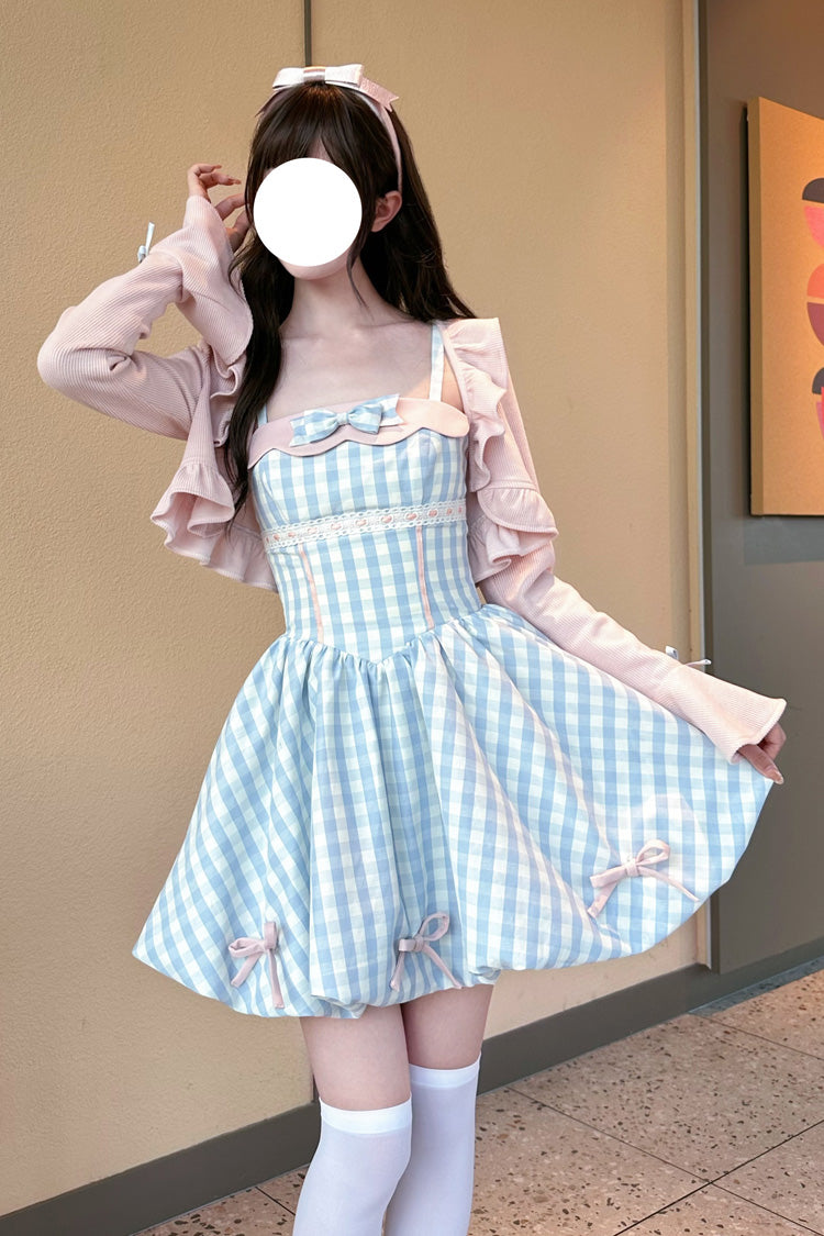 Blue [Sea Salt Strawberries] Sleeveless Plaid Print Bowknot Sweet Lolita Jsk Short Dress - Product - 3