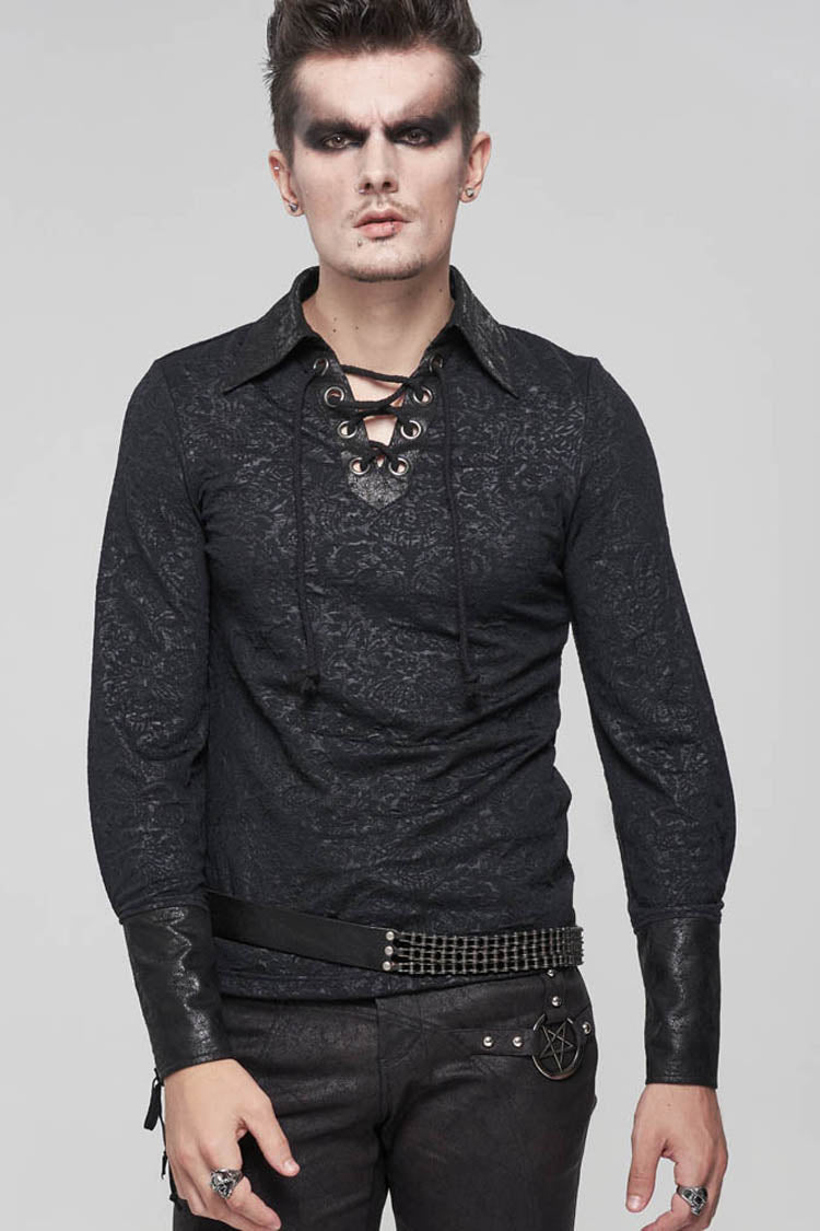 Black Gothic Pattern Decoration Tie Rope Design Knitted Elasticity Pullover Men's Shirt - Product - 2