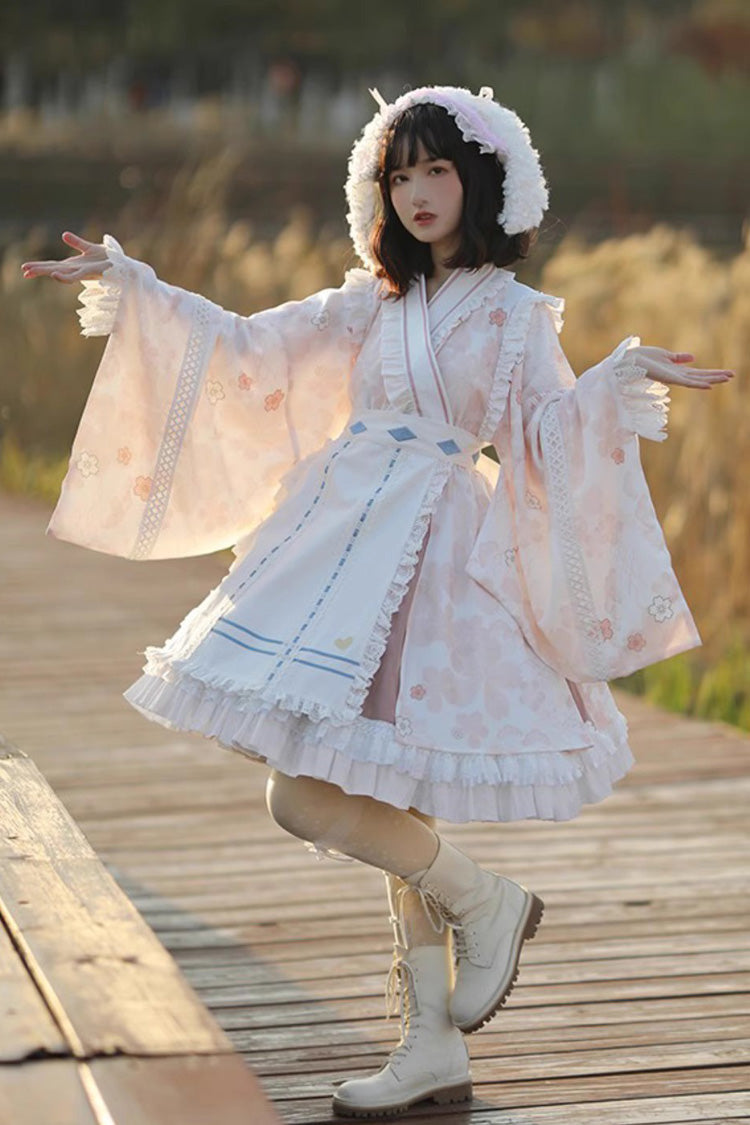 Apricot Long Trumpet Sleeves Cherry Blossom Print Ruffle Sweet Japanese Lolita Dress - Product - 5