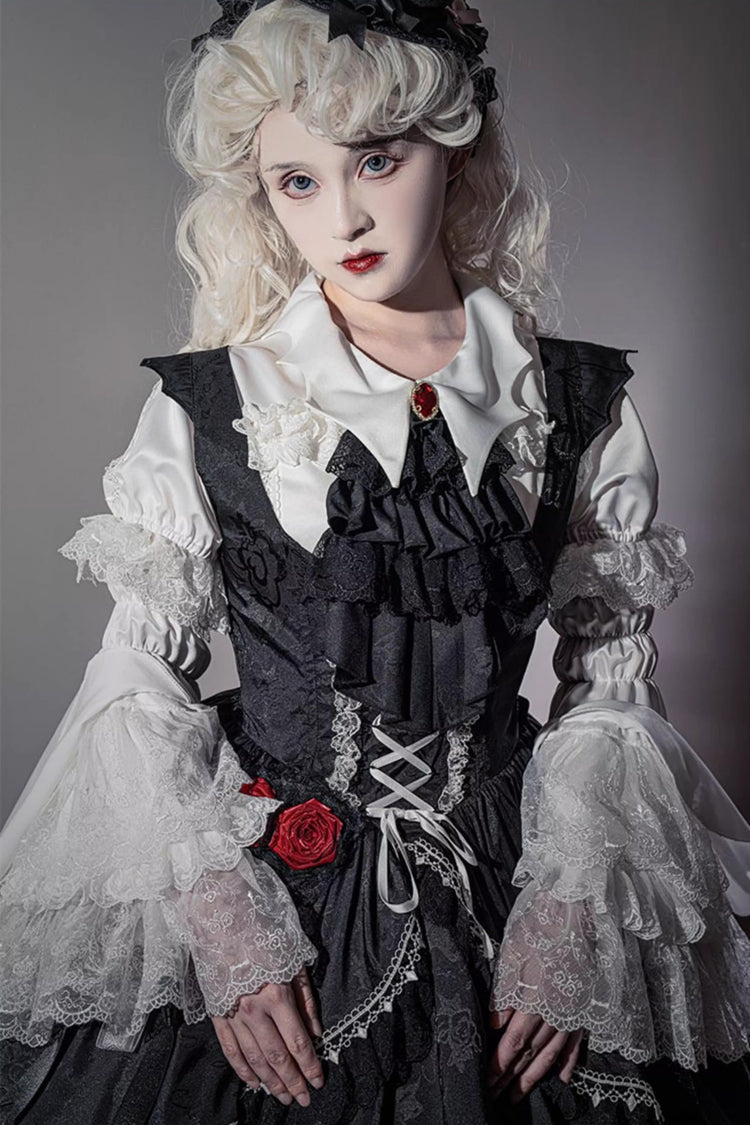 Black [Night Rose] Ruffle Bowknot Lace-Up Short Front and Long Back Gothic Gorgeous Lolita Jsk Dress - Product - 5