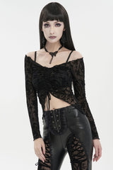 Black Flocked Chest Ruched Adjustable Off-Shoulder Women's Punk T-Shirt - Product - 2