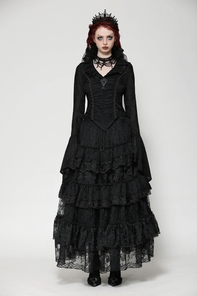 Black Lace Ruffled V Stand Collar Long Flared Sleeves Jacquard Women's Gothic Blouse - Product - 5