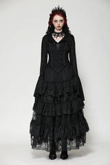 Black Lace Ruffled V Stand Collar Long Flared Sleeves Jacquard Women's Gothic Blouse - Product - 5