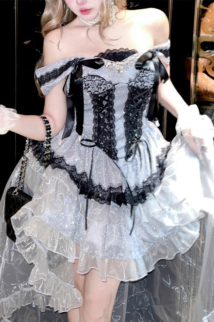 Black/Grey [Love Poem] Boat Neck Sleeveless Multi-Layered Ruffle Bowknot Princess Classic Lolita Top  Skirt-Pants Set - Product - 5