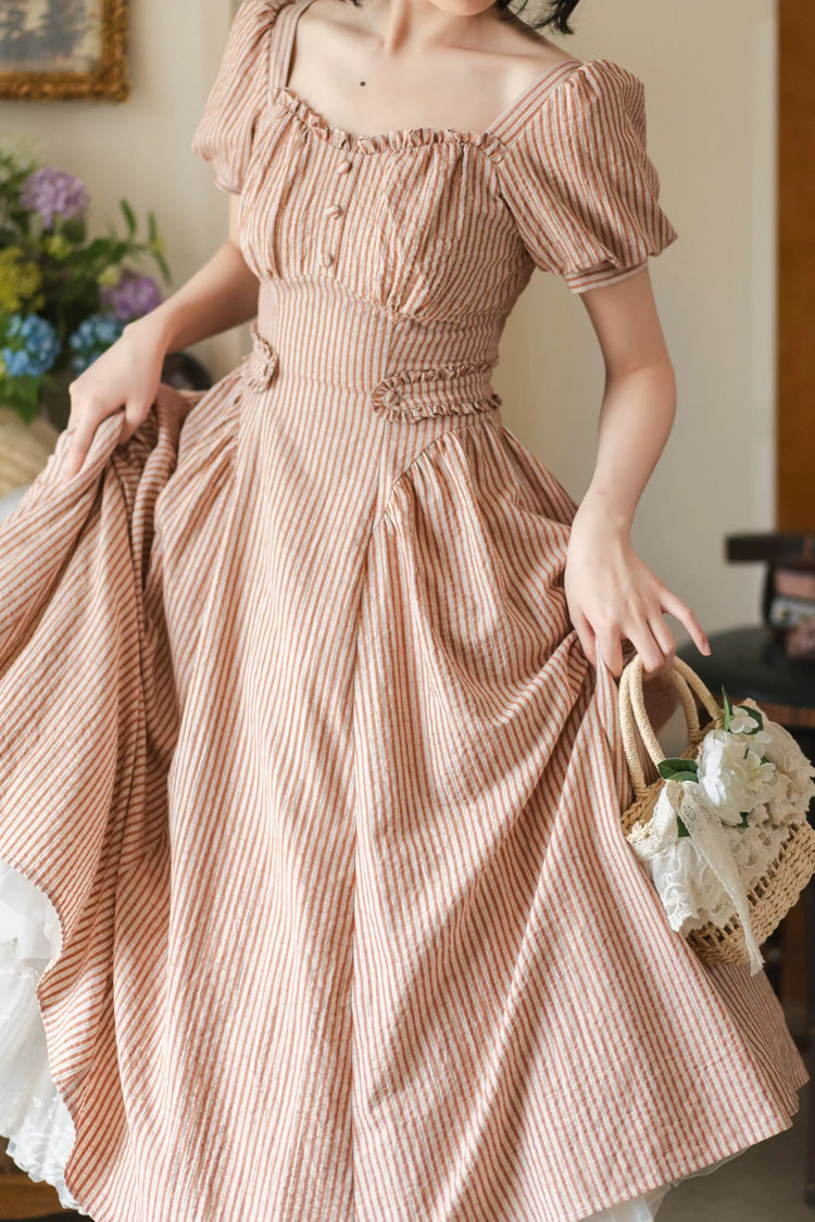 Red [Chantilly Forest] Square Collar Short Sleeves Striped Printed Ruffled Classic Vintage Elegant Lolita Dress - Product - 2