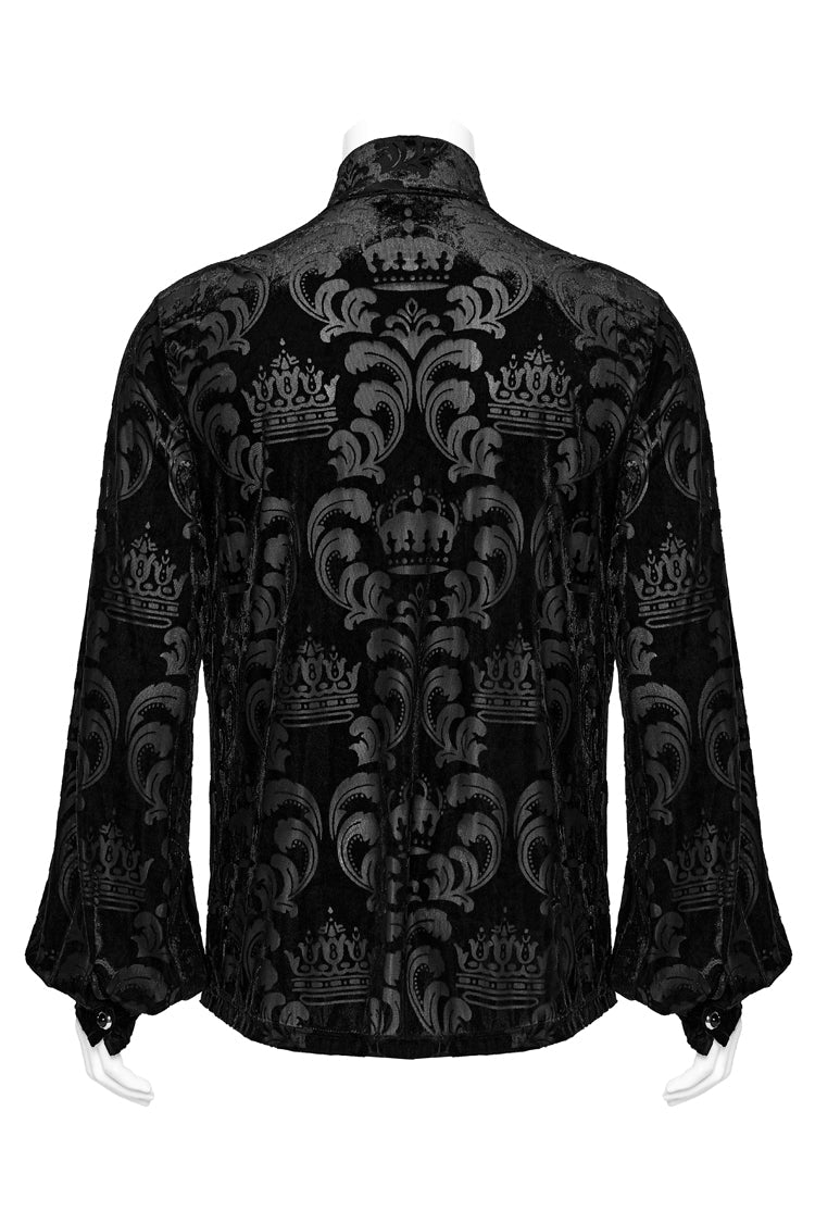 Black Stand Collar Puff Sleeves Jacquard Print Men's Gothic Blouse - Product - 7